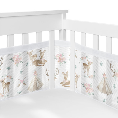Mesh Crib Liner Sweet Jojo Designs + BreathableBaby Woodland Deer Floral Girl Breathable Baby and Infant Blush Pink Mint Green and White Boho Bohemian Watercolor Forest Animal Shabby Chic