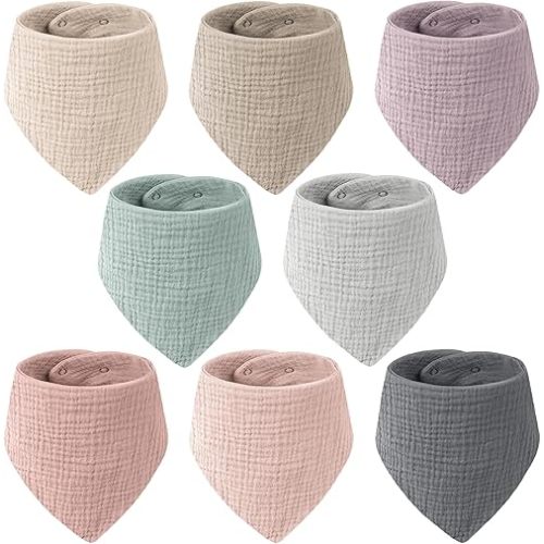 Muslin Baby Bibs for Unisex, 100% Cotton Soft and Absorbent Gender Neutral Set for Feeding and Drooling 8 Packs
