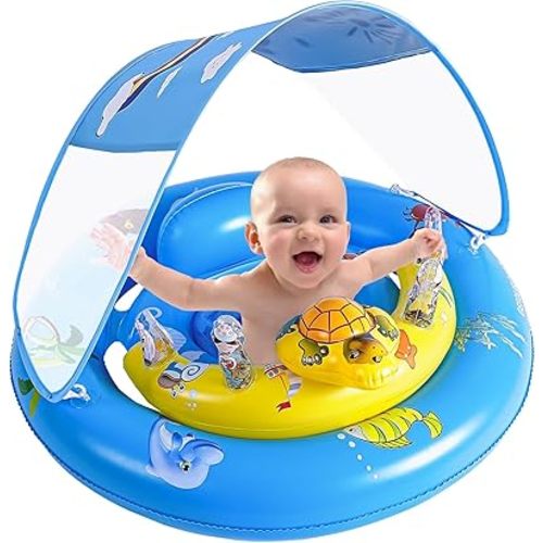 Baby Pool Float,Extra Wide Baby Swimming Float,Baby Floaties 6-12Months,Baby Float with Canopy Removable UPF50+ Sun Protection&Toy Play Console,Adjustable Safety Seat,Toddler Floaties for 6-36 Months
