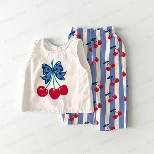 Baby Cherry Blue Vertical Stripes Sleeveless 2-piece Set
