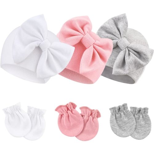 BQUBO Newborn Baby Hospital Hats Beanie Bow Infant Caps Baby Cotton No Scratch Mittens Set for 0-6 Months