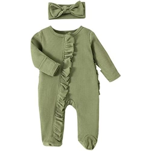 Newborn Infant Girl Footies Romper Solid Color Frills Baby Jumpsuit Zip Up Onesie Clothes Headband 0-12M