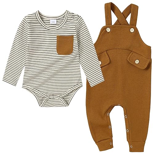 CARETOO Newborn Baby Boy Clothes Infant Boy Romper Fall Winter Outfits Bodysuit 2Pcs Striped Long Sleeve Top Overalls 0-18M