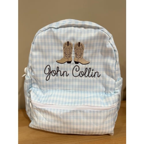 Embroidered Blue Gingham Backpack Set: Personalized Cowboy boots Boy Backpack, Boys wipeable Diaper Bag, Luggage, Gingham Nylon School Set