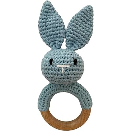 Baby Gift Rattle and Teether Toy Handmade Crochet, Safe and Non-Toxic Beechwood, Sensory Development for Baby, Amigurumi Baby Bunny, Skwish (Blue)