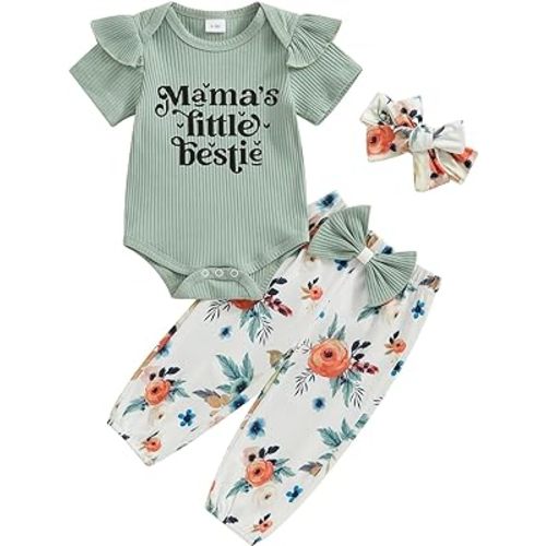 Adobabirl Newborn Baby Girl Clothes Short Sleeve Ribbed Romper Onesie Bowknot Floral Pants Headband 3Pcs Clothing Set