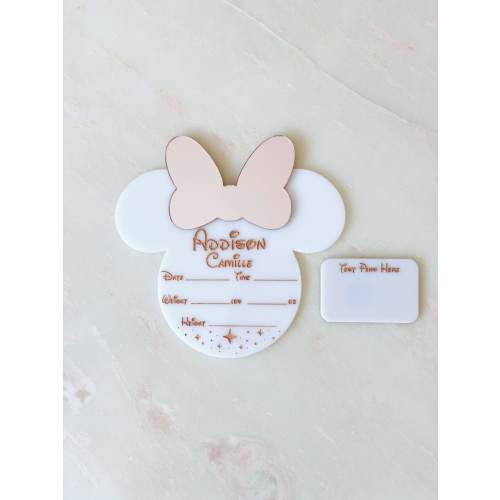 Personalized Minnie Mouse Birth Announcement Sign w/ Pixie Dust, Custom Engraved Disney Inspired Newborn Photo Prop, Baby Shower Gift