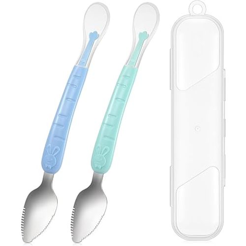 Lallisa 2 Pcs Double Head Baby Silicone Food Spoon Baby Fruit Scraping Mud Spoon Soft Baby Feeding Spoon Baby Food Scraper Spoon for Infants Baby Fruit Scraping Feeding (Cyan and Blue)