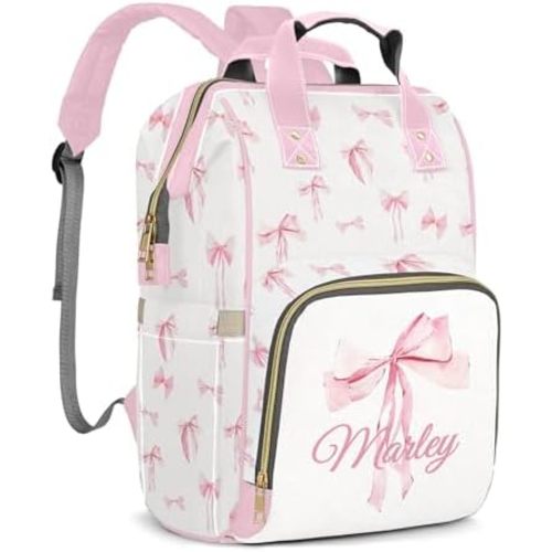 Bow Large Capacity Custom Diaper Bag for Baby Girls with Name, Pink Bowknot Multifunctional Mom Personalized Diaper Bag Backpack Waterproof Women Customized Daypack Nappy Bag