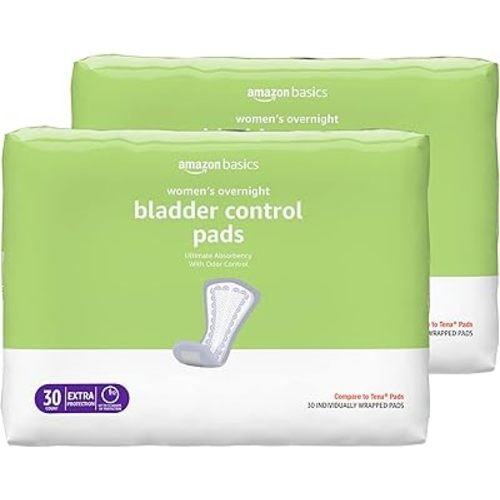 Amazon Basics Women's Incontinence Pads, Bladder Control & Postpartum, Overnight Absorbency, Unscented, 60 Count, (2 Packs of 30)