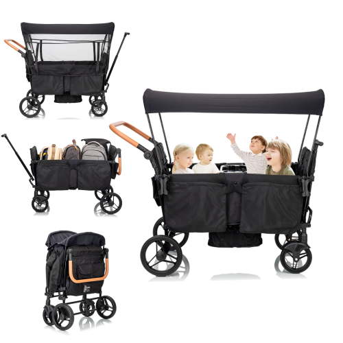 Funyard Wagon Stroller for 4 kids Lightweight folding baby stroller & with 5-Point Harness,Adjustable Handle Bar and Canopy,Footwells,Tray Table,Cup Holder