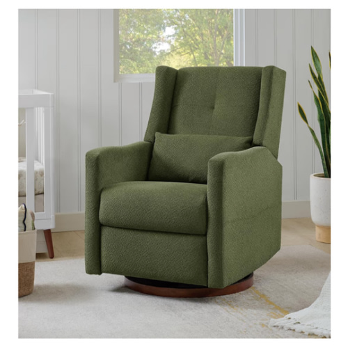 Upholstered Recliner Swivel Glider Nursery Chair Reclining Performance Fabric Rocker with Wood Base,Boucle,Ivory