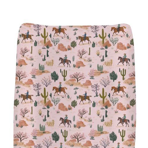 Vintage Pink Cowboy Cactus Changing Pad Covers for Baby Girls Boys Western Cowboy Trees Fitted Changing Table Cover Mats Wild Desert Soft Diaper Changing Table Sheets for 32''×16'' Contoured Pad