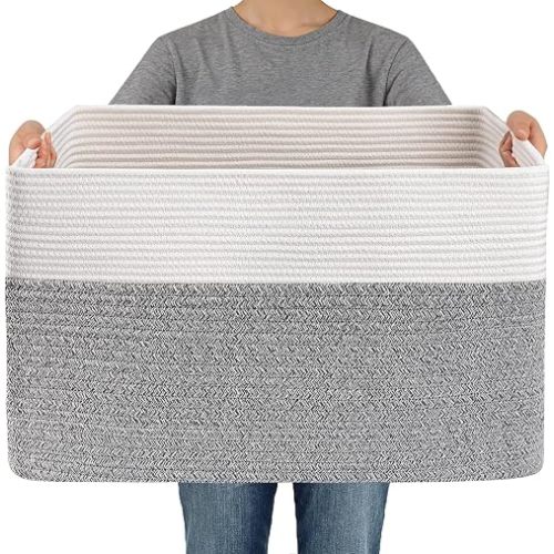 65L Large Woven Cotton Rope Blanket Basket, White&Grey