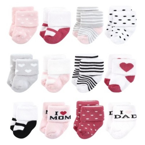 Hudson Baby Infant Girl Cotton Rich Newborn and Terry Socks, Mom and Dad Girl Pink Black, 0-6 Months