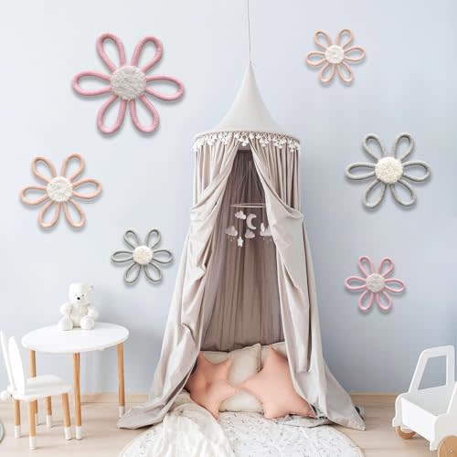 ShikaShito 6 Pcs Boho Daisy Nursery Wall Decor Set - Handwoven Macrame Wall Hanging Art with Cotton Rope & Yarn, Floral Bohemian Room Decor for Girls Bedroom, Baby Room, Dorm (Pink and Gray)