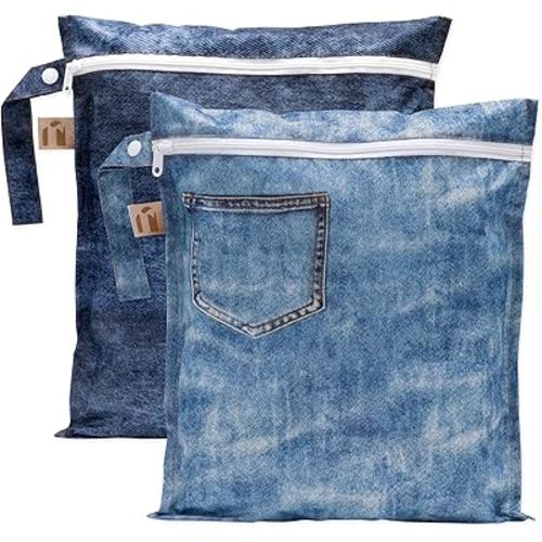 Bumkins Roamio - Waterproof Wet Bag - For Baby, Travel, Swim Suit, Cloth Diapers, Pump Parts, Pool, Gym, Toiletry, Strap to Stroller - Reusable & Easy to Clean - 2pk - Faux Pocket Patch Denim