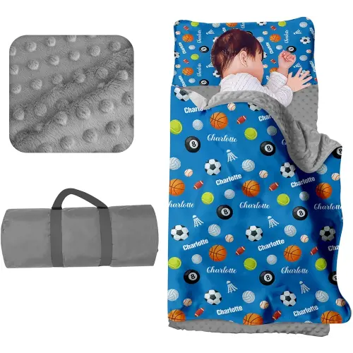 Custom Toddler Nap Mat for Preschool - Personalized Name Kids Nap Mats for Daycare Kindergarten Boys Sleeping Bag with Pillow Blanket Set, Thick Padded Easy Roll Up Blue