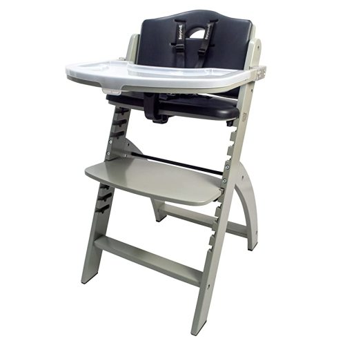 Abiie Beyond Wooden High Chair with Tray. The Perfect Adjustable Baby Highchair Solution for Your Babies and Toddlers or as a Dining Chair. (6 Mos up to 250 Lbs)(Misty Grey Wood - Black Pearl Cushion)