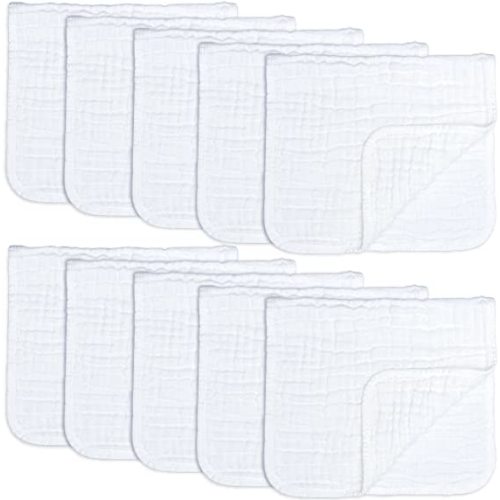 Muslin Burp Cloths 10 Pack Large 100% Cotton Hand Washcloths 6 Layers Extra Absorbent and Soft by Comfy Cubs (White, Pack of 10) - 10-Pack 20"X10"