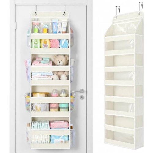 Yecaye 5 Tier Over the Door Organizer, Swing-proof Door Organizer Hanging with Clear PVC Windows, Behind the Door Storage for Bedroom Nursery Closet Laundry Pantry Bathroom, Cream White
