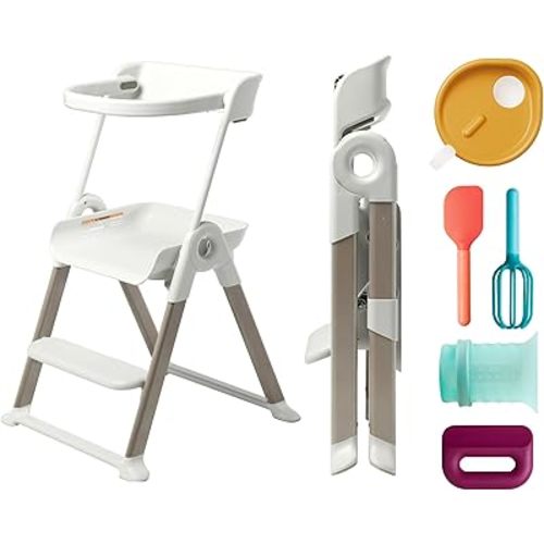 Boon Pivot Toddler Tower and Intro Kids Kitchen Accessories Bundle - Kids Cooking Set and Folding Step Stool - White - Kids Kitchen Set Includes Measuring Cup, Egg Cracker, Whisk, Chopper, and Spatula