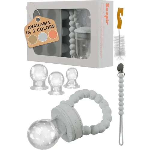 Silicone Baby Fruit Feeder Pacifier with Freezer Tray Made from Safe and BPA Free Materials, Suitable for Fruits, Veggies, Puree or Frozen Breast Milk Popsicle Teether with Clip Strap, Gray Speckled