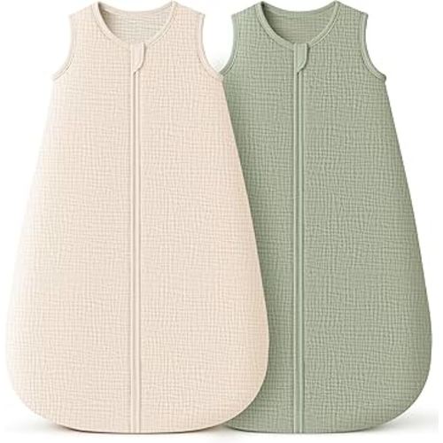 Konssy Muslin Baby Sleep Sack 6-12 Months 0.8 TOG, 2 Pack 100% Cotton Wearable Blanket for Babies, 2-Way Zipper Breathable Sleeping Sack Infant Toddler Essentials for Girls and Boys (Cream, Fog Green)