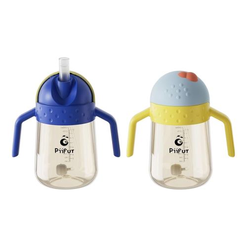 Piifur Weighted Straw Sippy Cup with Extra Straw Set, Spill Proof Water Bottle with Fixed Handle for Baby 6+ Months, 10 Ounce 2 Pack(Blue/Yellow)