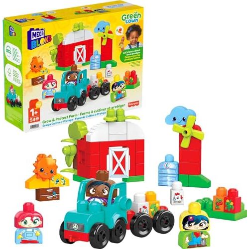 MEGA BLOKS Fisher-Price Toddler Building Blocks Toy Set, Green Town Grow & Protect Farm with 51 Pieces, 3 Figures, Ages 1+ Years