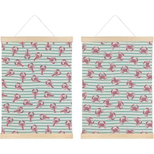 ATBWGT Coastal Beach Lobster Crab Wall Art Decor, Ocean Room Decor, Retro Blue Horizontal Striped Sea Crawfish Crab Poster Hanger Frame for Bedroom Beach House Cabin, 12x16 Inch Set of 2