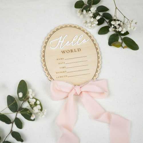 Personalized Baby Announcement Sign | Wooden Hello World Plaque with Pink Bows | Newborn Name Sign | Baby Girl Birth Reveal Gift