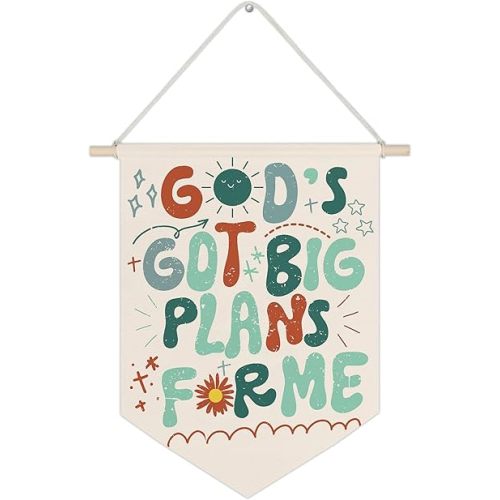 WUCHJ Boho Christian Nursery Canvas Wall Banners, God's Got Big Plans for Me Hanging Display Pennant Flags, Inspirational Bible Verses Wall Decor for Kids Toddler Nursery Bedroom Playroom 11x14 Inch