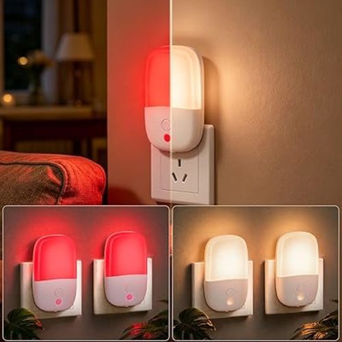 echosari 670nm Red & Warm White Light Night Light for Sleep, 2 Pack Red Night Lights with Dusk to Dawn Sensor, LED Night Light Plug into Wall for Baby Nursery Kids Adults Bathroom Bedroom