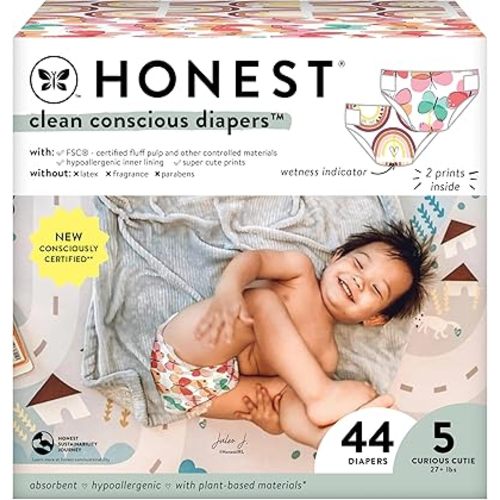 The Honest Company Clean Conscious Diapers for Sensitive Skin | Hypoallergenic, Fragrance Free | Girl Prints | Club Box, Size 5 (27+ lbs), 44 Count