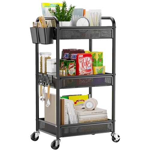 YASONIC 3 Tier Rolling Cart – Metal Utility Storage Cart with Wheels, Craft Organizer with Hanging Cups, Hooks, Heavy Duty Mesh Basket for Bedside Kitchen Office Art, Black