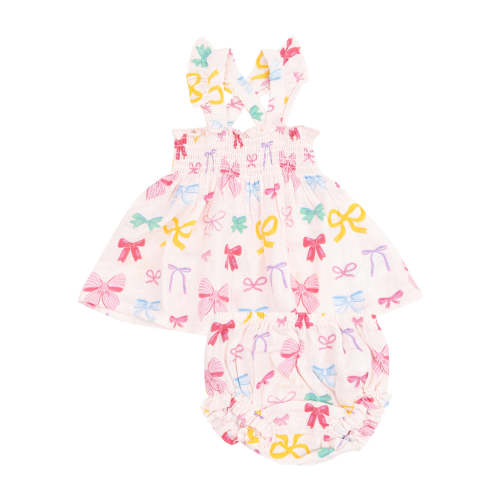 Ruffle Strap Smocked Top & Bloomer, Colorful Bows