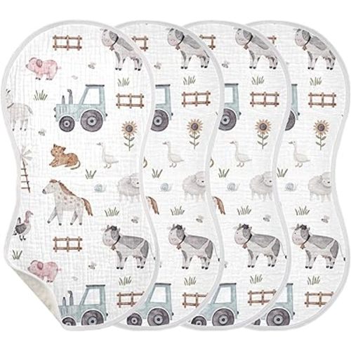 Burbuja Farm Animals Muslin Baby Burp Cloths, Soft & Absorbent Cotton Burping Rags for Newborn Boys & Girls, 4 Pack