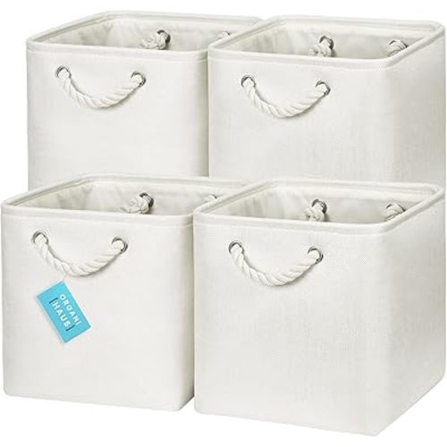 OrganiHaus 11x11 Cube Storage Bins 4 pack, Foldable Cube Storage Organizer w/ Rope Handles, Collapsible Fabric Bins for Toys, Clothes & Closet Organization, Fabric Square Baskets - Off-White