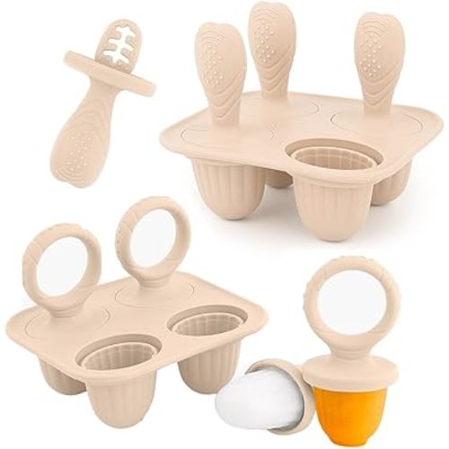 Silicone Popsicle Molds, Mini Breastmilk Popsicle Molds with Sticks for Baby Teething Relief, Frozen Breast Milk Teether Popsicle Maker Ice Pop Molds for Infant Feeding Spoon (2Set-Beige)