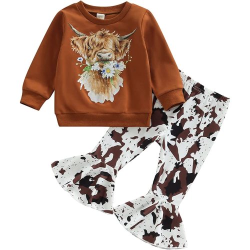 Omkzanbi Western Baby Girl Clothes Cowgirl Sweatshirt Retro Boho Cow Print Flared Pants Toddler Bell Bottoms Winter Outfits