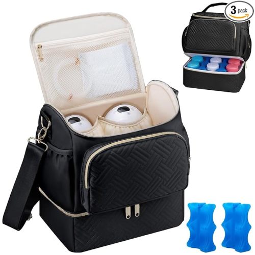 Wearable Breast Pump Bag with Cooler Compartment Compatible with Willow/Elvie/Medela/Momcozy M5/S12 Pro, Breast Milk Cooler Travel Bag with Ice Pack, Pumping Bags for Work, Black