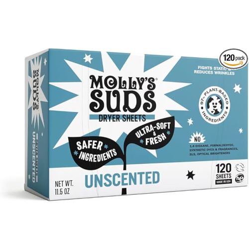 Molly's Suds Fabric Softener Dryer Sheets for Sensitive Skin | Plant-Based Static Reducer, Plastic-Free Packaging | Unscented (120 Sheets)