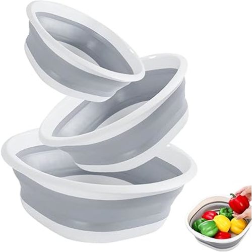 Collapsible Wash Basin, 3 Pcs Collapsible Dish Tub, Foldable Laundry Tub, Collapse-A Wash Bowl, Portable Wash Tub Set Portable Wash Dish Basin for Dishing Fruit Foot Soak Laundry (Gray)