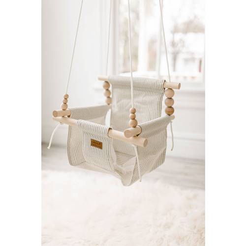 Baby Swing | Greige Cream Stripe Fabric | Indoor Swing for Babies & Toddlers | Minimalist Nursery Decor | Baby Shower Gift