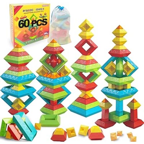 Stacking Toys Building Blocks for Toddlers 60 PCS Montessori Toys for 3 4 5 6 Year Old Sensory Toys Preschool Learning Activities Stem Educational Pyramid Magic Tower Gifts Set for Kids Boys Girls