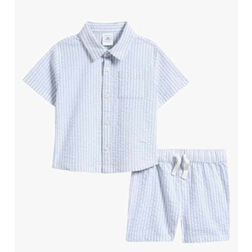 Seersucker Short Sleeve Button-Up Shirt & Drawstring Shorts Set - Blue Fog Stripe / 9mo