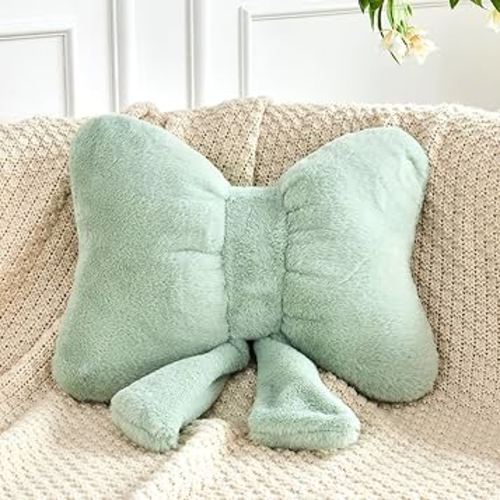 Sage Green Bow Pillow, Soft Bow Decorative Pillows with Faux Rabbit Fur, Cute 12" Bow Throw Pillows, Aesthetic Home Decor Bow Shaped Plush Pillow for Bedroom Sofa Couch