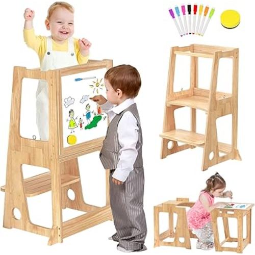 4 in 1 Kids Toddler Kitchen Stool Helper with Double-Sided Whiteboard, Wooden Toddler Learning Standing Tower, Non-Skid Feet Children Step Stool for Kitchen Counter, Bathroom Sink, Adult Use