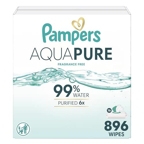 Pampers Aqua Pure Baby Wipes, 99% Water, Fragrance Free, Unscented, Water Based, Multi-Use, 896 Wipes Total (16X Flip-Top Packs) [Packaging May Vary]